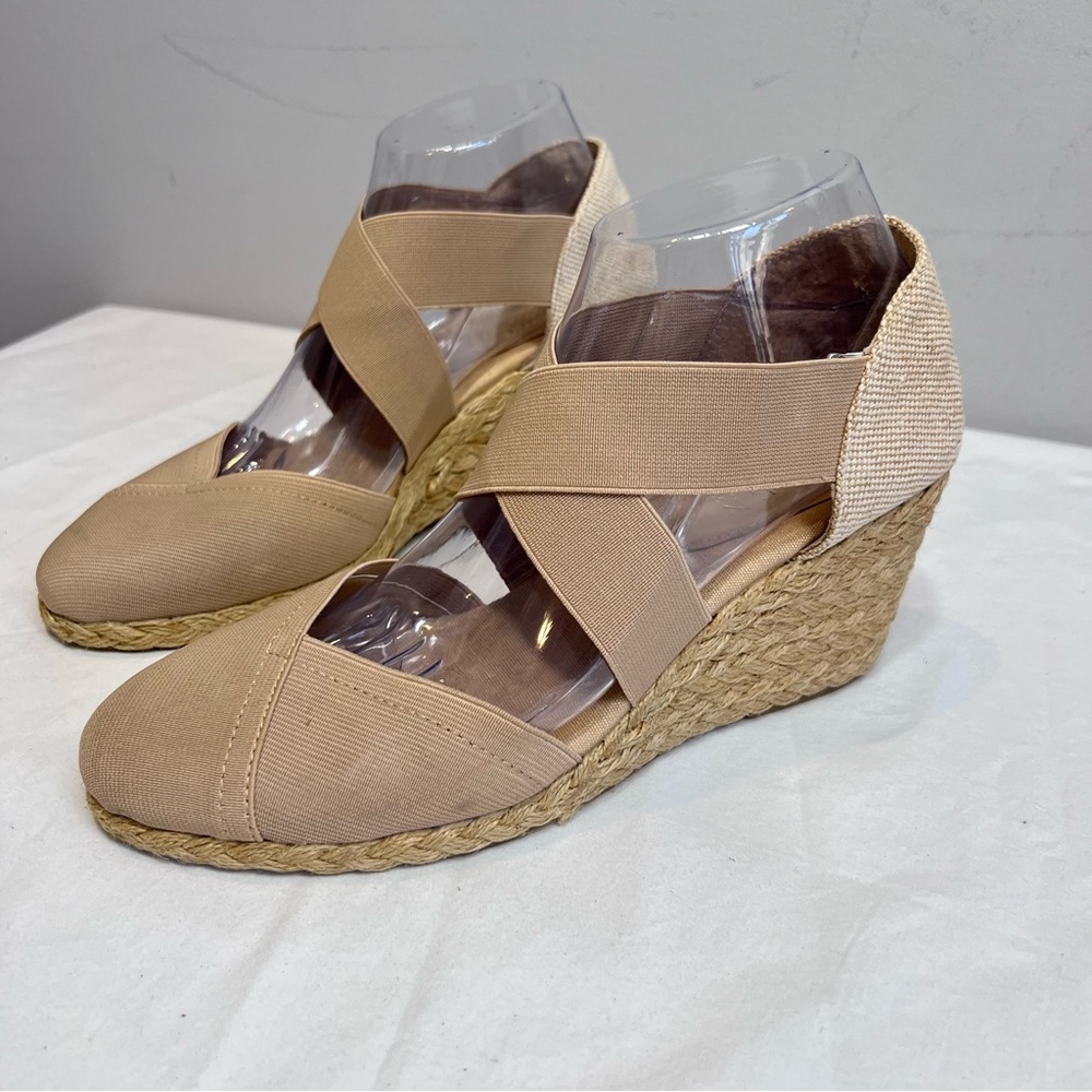 Ralph Lauren Collins tan elastic cross strap espadrille wedge dress shoes 9.